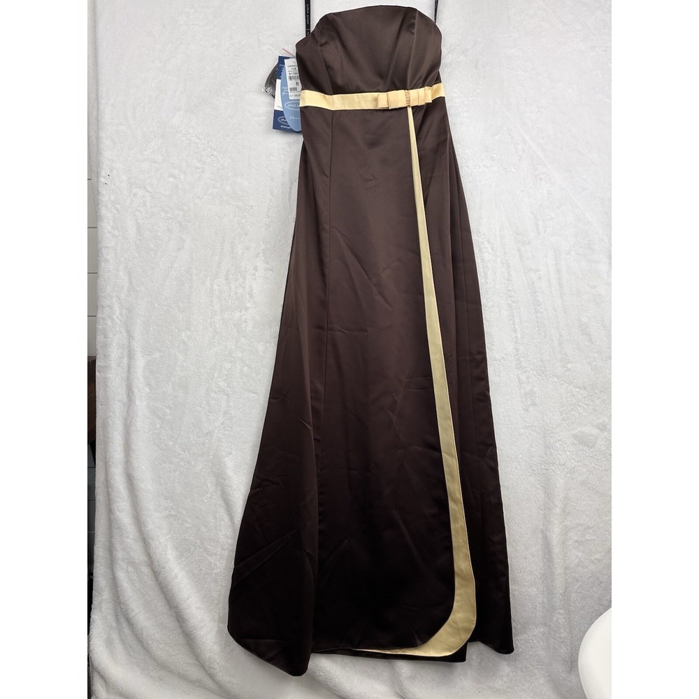 NWT Alfred Angelo Sleeveless Gown Dress Size‎ 8 Formal Brown Yellow Bow Long